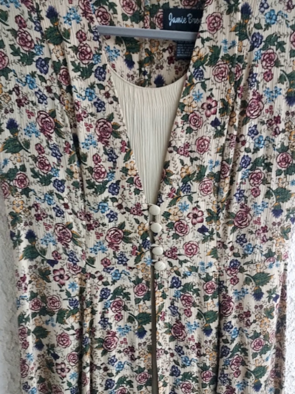 Jamie Brooke VTG Midi Dress Short Sleeve Floral Beige Covered Button Front Sz 10